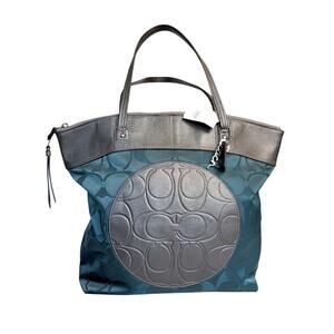 NWT Coach Laura Tote Teal Charcoal Nylon Silver Leather Shoulder Bag F19440